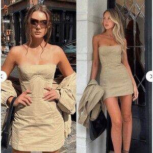 HOUSE OF CB Elissa Strapless Mini Dress Tan Stone XS NWT chic 90s feminine girly